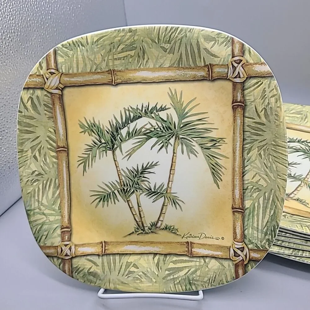 Set (8) NEW Kathleen Denis PALM TREE Melamine Dinner Plates 10.5” Keller-Charles